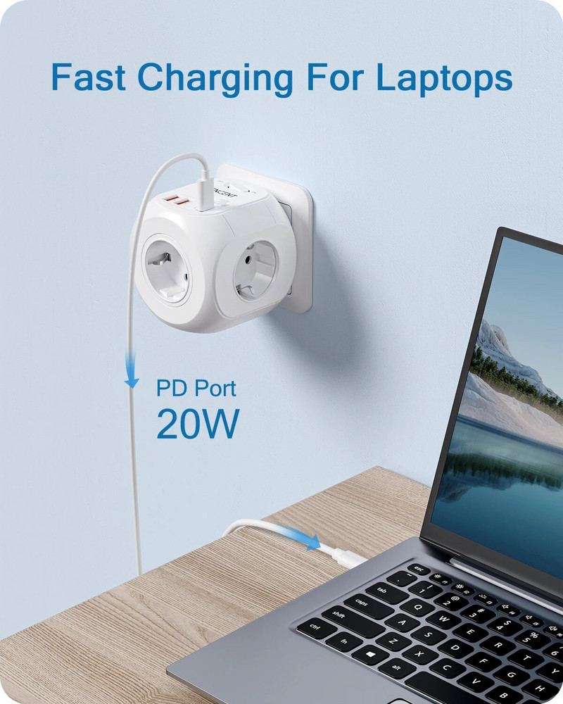 LENCENT EU Plug seinakontakti pikendus 4 vahelduvvoolu +QC3.0USBX2 +1 tüüpi C PD20W kiirlaadija adapteriga 7-ühes pistikupesa sisse/välja lülitiga