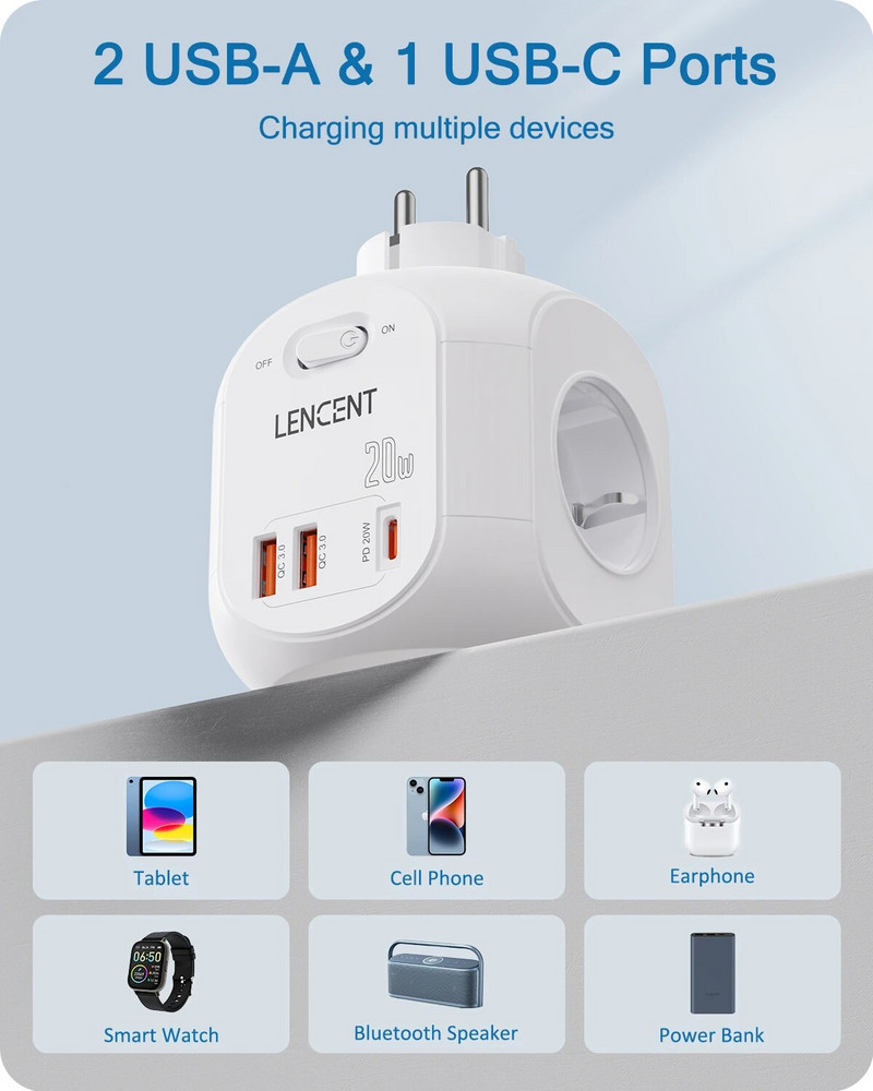 LENCENT EU Plug seinakontakti pikendus 4 vahelduvvoolu +QC3.0USBX2 +1 tüüpi C PD20W kiirlaadija adapteriga 7-ühes pistikupesa sisse/välja lülitiga
