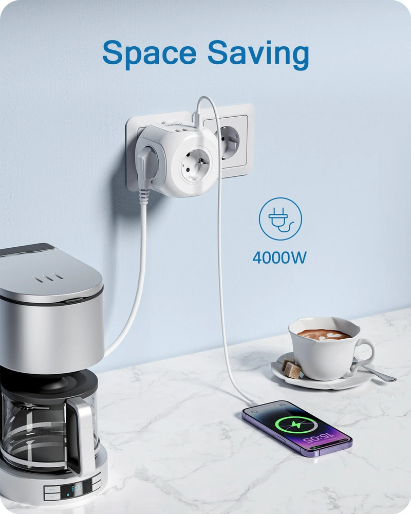 LENCENT EU Plug seinakontakti pikendus 4 vahelduvvoolu +QC3.0USBX2 +1 tüüpi C PD20W kiirlaadija adapteriga 7-ühes pistikupesa sisse/välja lülitiga