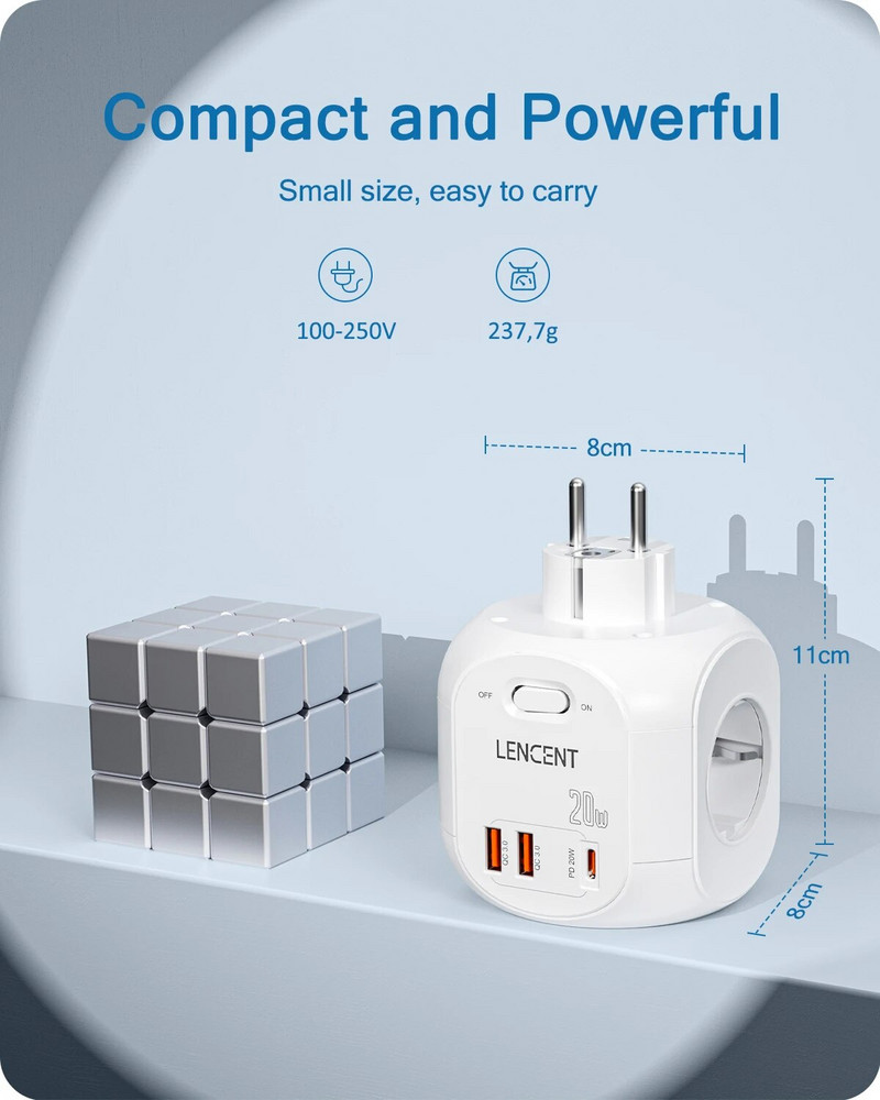 LENCENT EU Plug seinakontakti pikendus 4 vahelduvvoolu +QC3.0USBX2 +1 tüüpi C PD20W kiirlaadija adapteriga 7-ühes pistikupesa sisse/välja lülitiga