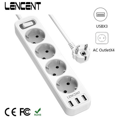 LENCENT EU Power Strip with 4 Outlets and 3 USB Ports 5V/2.4A  4000W 7 in 1 Multiple Socket with On/Off Switch 1.5M Cable Socket