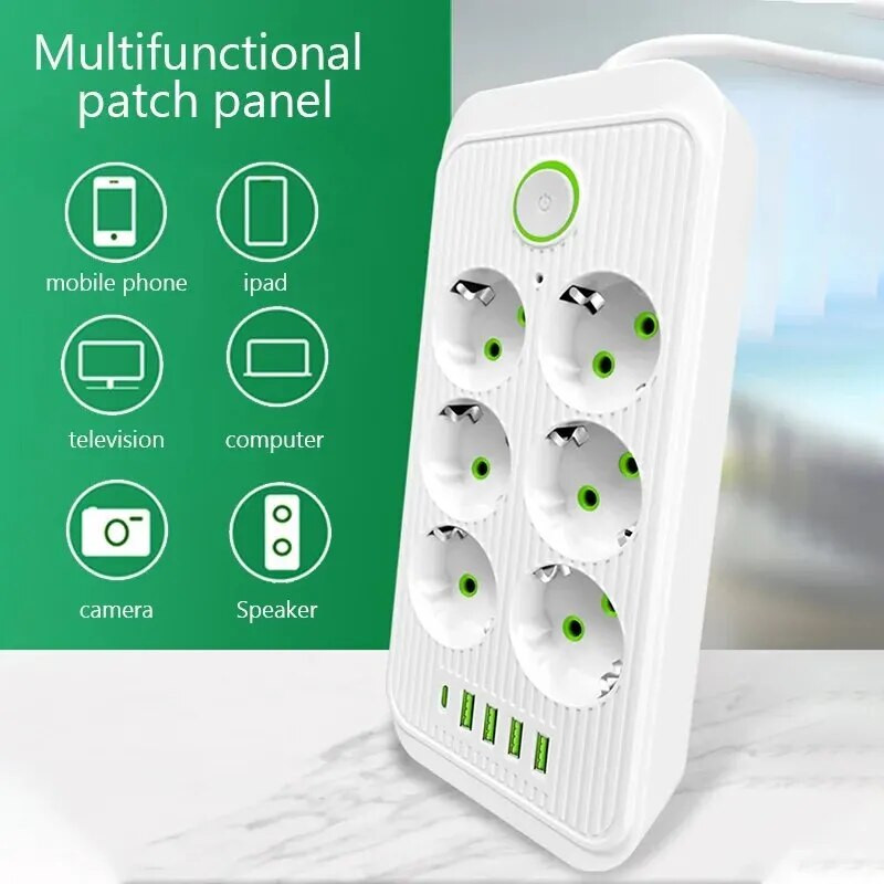 ES kištuko maitinimo juostelė 2M ilginimo kabelis, daugiafunkcis 6 kintamos srovės lizdas, elektros lizdas su 4 USB 1 tipo C tinklo filtru Greitas įkrovimas