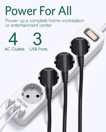 LENCENT EU Plug πολύπριζο με 4 πρίζες και 3 θύρες USB 5V/2.4A 7 σε 1 Πολλαπλή πρίζα με διακόπτη ενεργοποίησης/απενεργοποίησης καλωδίου 1.5M