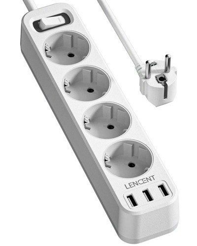 LENCENT EU Plug maitinimo juosta su 4 lizdais ir 3 USB prievadais 5 V / 2,4 A 7 viename keliems lizdams su 1,5 M kabelio įjungimo / išjungimo jungikliu