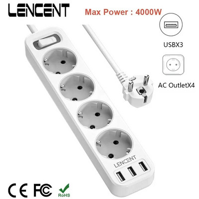 LENCENT EU Plug Power Strip with 4 Outlets and 3 USB Ports 5V/2.4A 7 in 1 Multiple Socket with 1.5M Cable On/Off Switch