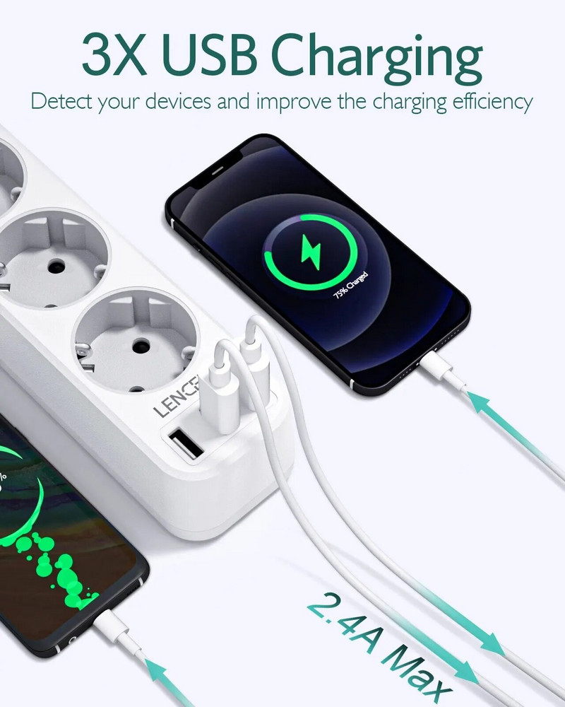 Priză LENCENT cu priză UE cu 4 prize și 3 porturi USB 5V/2.4A Priză multiplă 7 în 1 cu comutator pornit/oprit cablu de 1,5 m