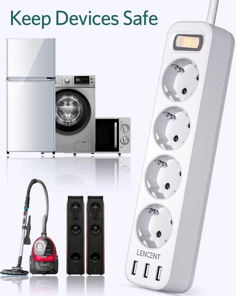Priză LENCENT cu priză UE cu 4 prize și 3 porturi USB 5V/2.4A Priză multiplă 7 în 1 cu comutator pornit/oprit cablu de 1,5 m