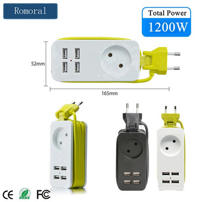 EU Power Strip 1200W Multiple Portable Travel Plug Adapter 1.5m Extension Cable 4 USB Port 1 AC Slot 250V for Home Office Socket