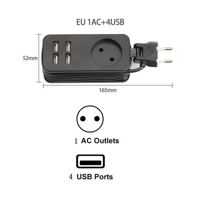 EU maitinimo juosta 1200 W keli nešiojami kelioniniai kištuko adapteriai, 1,5 m ilginimo laidas 4 USB prievadas 1 kintamosios srovės lizdas 250 V namų biuro lizdui