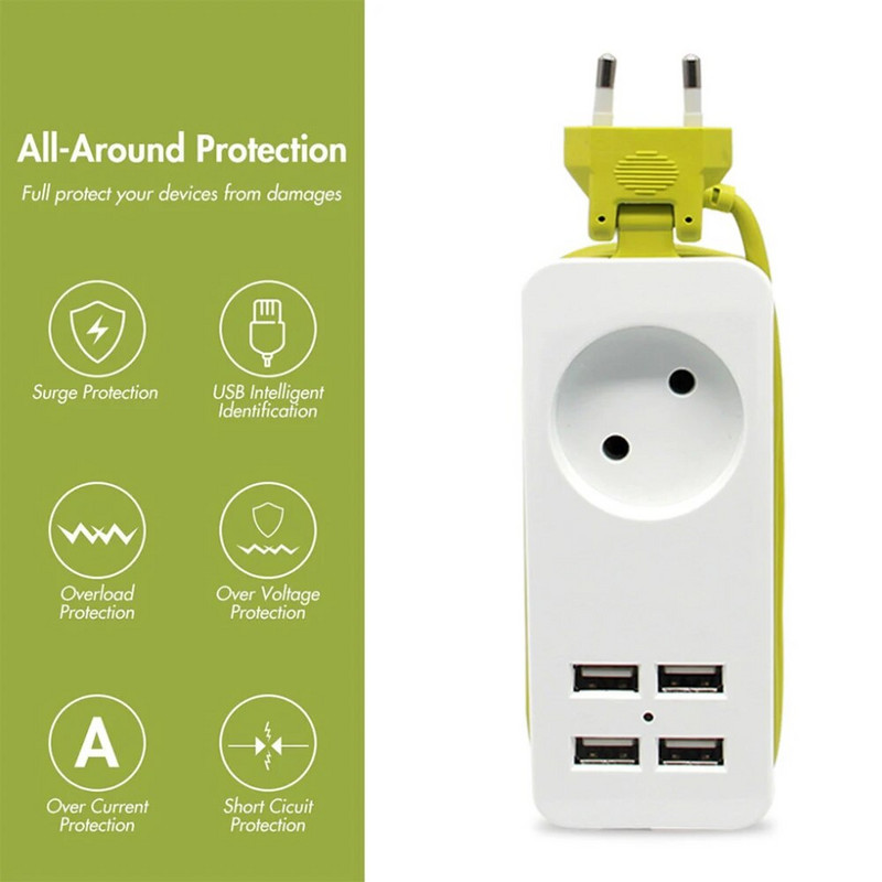 ES barošanas sloksnes 1200 W vairāki pārnēsājami ceļojumu kontaktdakšas adapteri 1,5 m pagarinātāja kabelis 4 USB pieslēgvieta 1 maiņstrāvas ligzda 250 V mājas biroja ligzdai