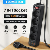 4000 W EU kištuko maitinimo juosta 4 kintamos srovės lizdo daugiafunkcis prailginimas su 4 USB 1,5 m laido elektros lizdu PD 33 W greito įkrovimo viršįtampių apsauga
