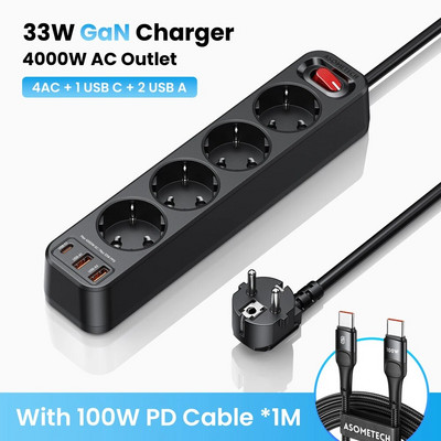 4000 W EU kištuko maitinimo juosta 4 kintamos srovės lizdo daugiafunkcis prailginimas su 4 USB 1,5 m laido elektros lizdu PD 33 W greito įkrovimo viršįtampių apsauga
