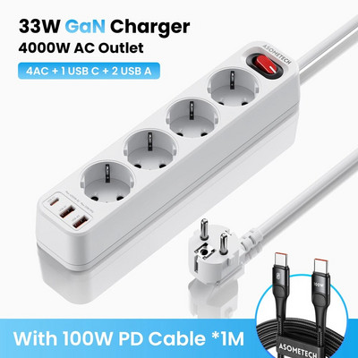 4000 W EU kištuko maitinimo juosta 4 kintamos srovės lizdo daugiafunkcis prailginimas su 4 USB 1,5 m laido elektros lizdu PD 33 W greito įkrovimo viršįtampių apsauga