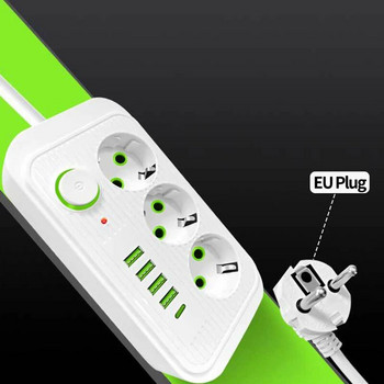EU Plug AC Outlet Power Strip Многофункционален удължителен кабел Електрически контакт с USB Type C Бързо зареждане Мрежов филтър Адаптер