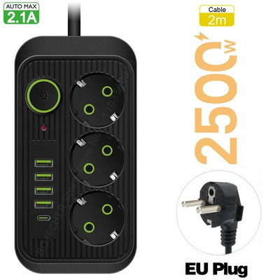 ES kištukas kintamosios srovės lizdo maitinimo juosta Daugiafunkcis prailginimo laido elektros lizdas su C tipo USB greito įkrovimo tinklo filtro adapteriu