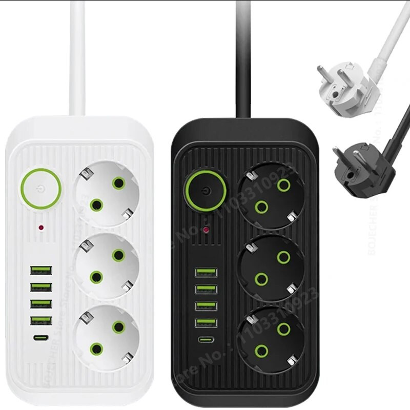 ES kontaktligzdas maiņstrāvas kontaktligzdas barošanas sloksne, daudzkārtēja pagarinātāja elektrības ligzda ar USB tipa C ātrās uzlādes tīkla filtra adapteri