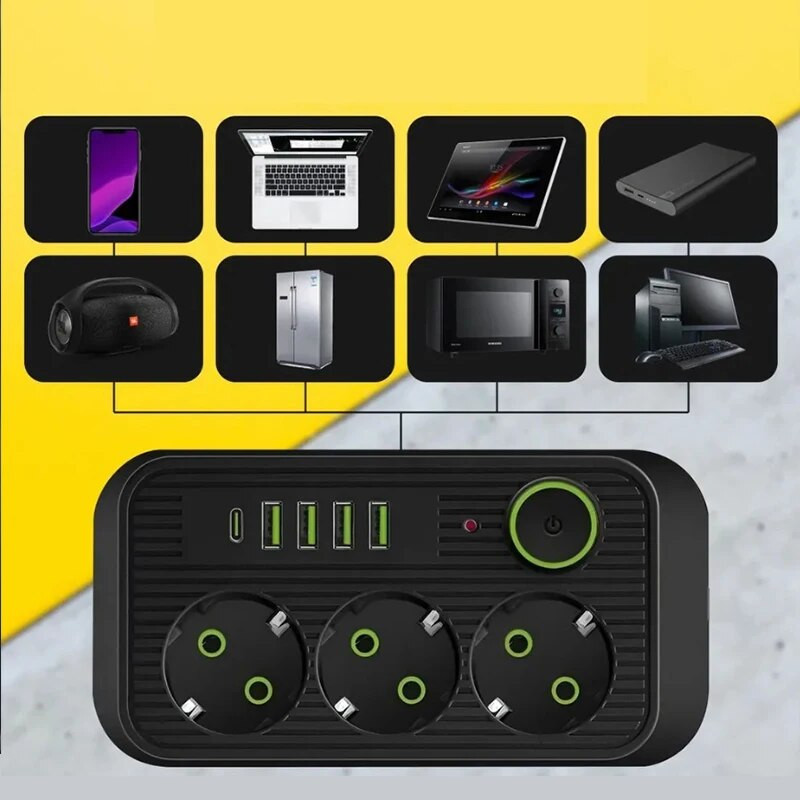 ES kontaktligzdas maiņstrāvas kontaktligzdas barošanas sloksne, daudzkārtēja pagarinātāja elektrības ligzda ar USB tipa C ātrās uzlādes tīkla filtra adapteri
