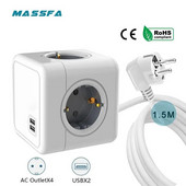 MASSFA Multi EU Kištukinis lizdas Maitinimo juostelė 1,5 m ilgintuvas 4 lizdai Euro Powercube su 2 USB prievadų adapteriu namams