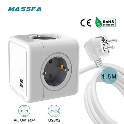 MASSFA Multi EU Plug Socket Power Strip 1.5m Extension Cable 4 Outlets Euro Powercube With 2 USB Ports Adapter for Home