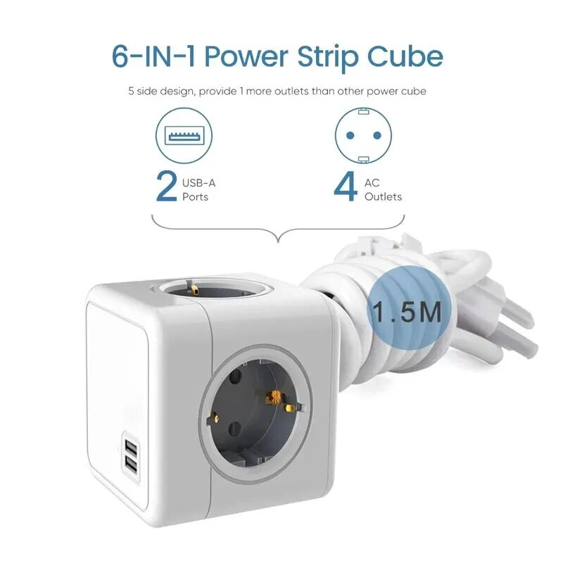 MASSFA Multi EU Kištukinis lizdas Maitinimo juostelė 1,5 m ilgintuvas 4 lizdai Euro Powercube su 2 USB prievadų adapteriu namams