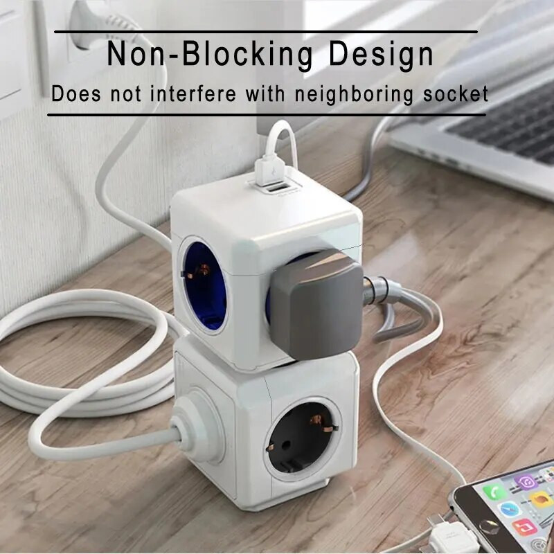 MASSFA Multi EU Kištukinis lizdas Maitinimo juostelė 1,5 m ilgintuvas 4 lizdai Euro Powercube su 2 USB prievadų adapteriu namams
