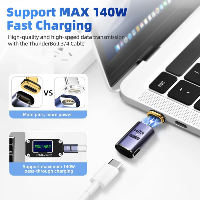Adaptor magnetic USB4.0 Thunderbolt3 de 140 W USB C la tip C Cablu convertor magnetic de încărcare rapidă de 40 Gbps 8K@60Hz Adaptor USB tip C