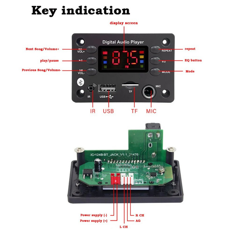 Autós audio mikrofon USB TF FM rádió Mp3 zenelejátszó hangszóró DC 5V 12V Bluetooth 5.0 MP3 WMA WAV APE dekóder tábla kihangosító