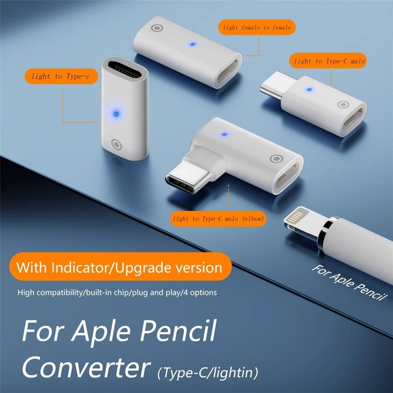 Naujas „Apple Pencil Adapter Type-C USB-C Male“ į „Lightnin Female“ keitiklį su mėlyna indikacine lempute, skirtas „ipad“