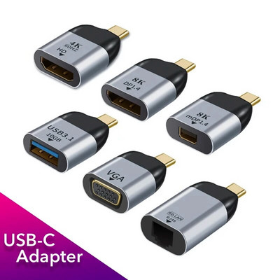 USB C към DP/Mini DP/VGA/RJ45/HDMI-съвместим адаптер USB тип C 8K/4K/1080P видео 1000Mbps Lan Ethernet конвертор за Macbook