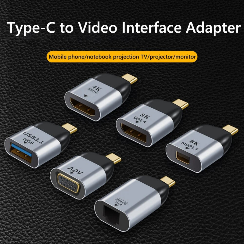 USB C to DP/Mini DP/VGA/RJ45/HDMI-ühilduv adapter C-tüüpi USB 8K/4K/1080P video 1000Mbps Lan Etherneti konverter Macbooki jaoks