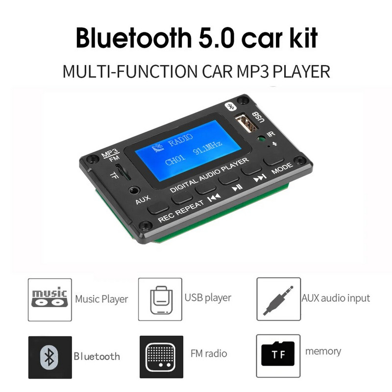 DC 5V 12V MP3 dekoderio plokštė Dekodavimo stiprintuvas MP3 grotuvas Bluetooth 5.0 garso modulis WMA WAV TF USB FM automobilio radijas laisvų rankų įranga Skambutis