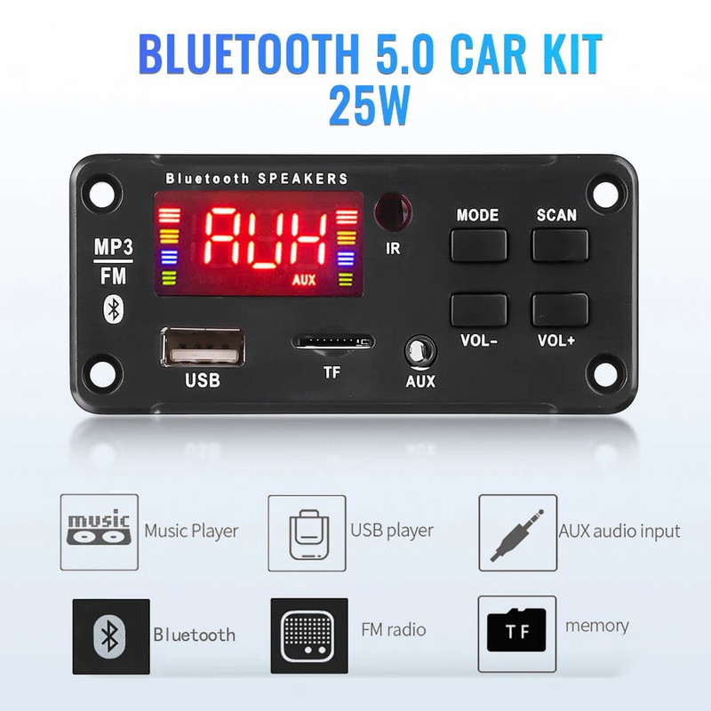 50 W pastiprinātājs Bluetooth 5.0 DIY MP3 dekoderis 25W DC 9V 12V USB barošanas avots TF FM radio MP3 atskaņotājs automašīnas audio mūzikas skaļrunim