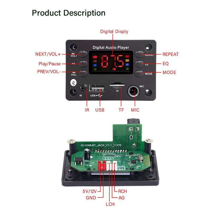 DC 12V Bluetooth 5.0 DIY MP3 WMA dekodera plate 6.5mm mikrofons Auto audio USB TF FM radio MP3 mūzikas atskaņotājs ar tālvadības pulti