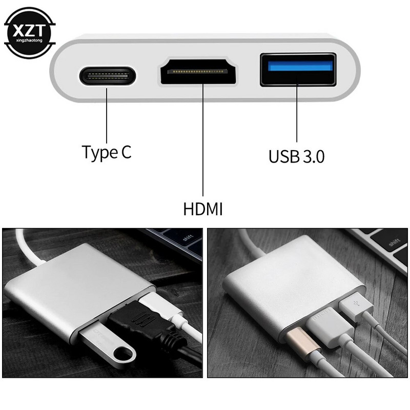 C tipo su HDMI suderinamas keitiklis USB-C 3 viename skirstytuvas 4K USB 3.0 PD šakotuvas greito įkrovimo išmanusis adapteris, skirtas MacBook Dell