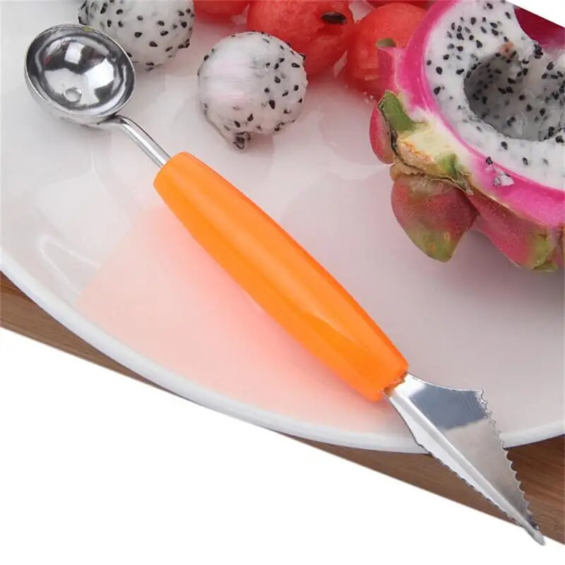 Kétfejű gyümölcsásó Többfunkciós rozsdamentes acél ásó kanál víz hullámos faragó kés fagylalt görögdinnye Diggin