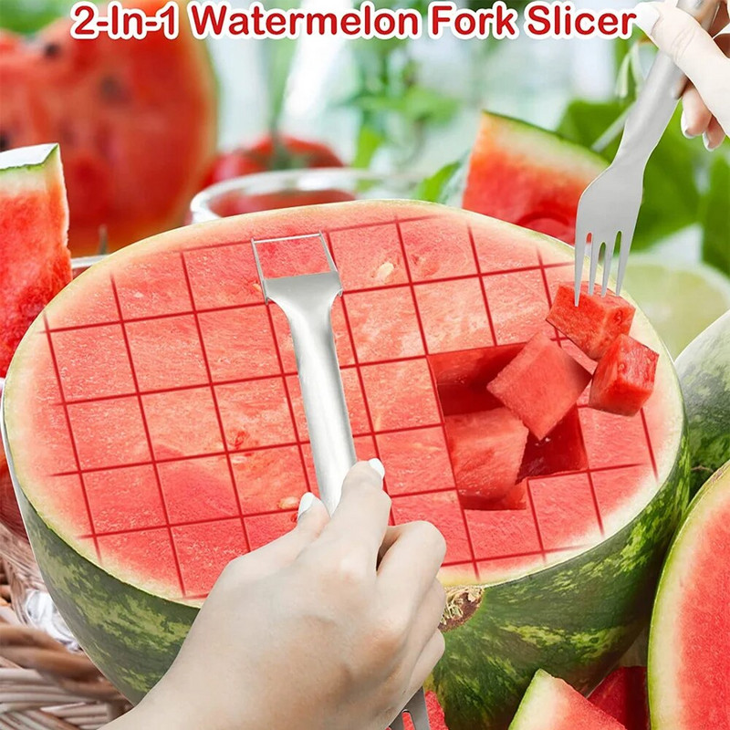 2 viename daugiafunkcė arbūzų šakučių pjaustyklė nerūdijančio plieno arbūzų pjaustyklė Vasarinė arbūzo vaisių pjaustymo šakutė