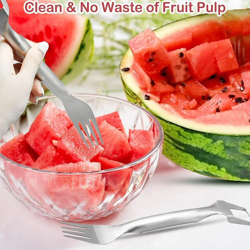 2 viename daugiafunkcė arbūzų šakučių pjaustyklė nerūdijančio plieno arbūzų pjaustyklė Vasarinė arbūzo vaisių pjaustymo šakutė