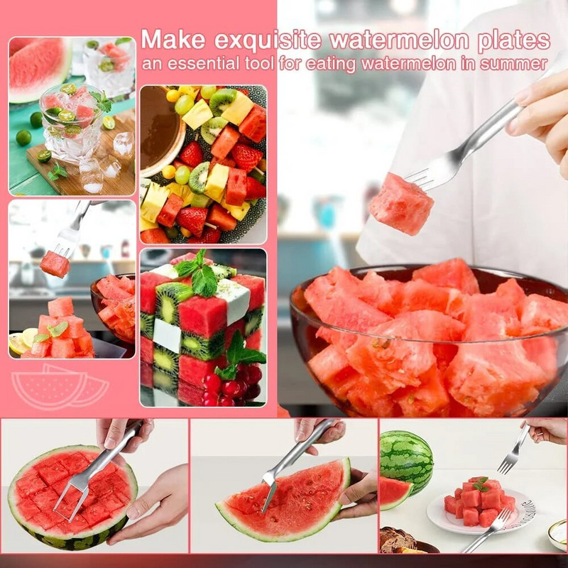 2 viename daugiafunkcė arbūzų šakučių pjaustyklė nerūdijančio plieno arbūzų pjaustyklė Vasarinė arbūzo vaisių pjaustymo šakutė