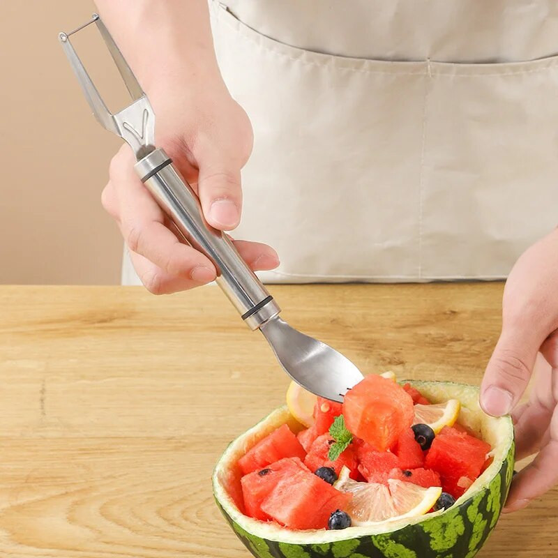 Nerūdijančio plieno dvigalvis arbūzų kauliukas Dviejų paskirčių melionų pjaustymo daugiafunkcis melionų skirstytuvas virtuvės vaisių įrankiai