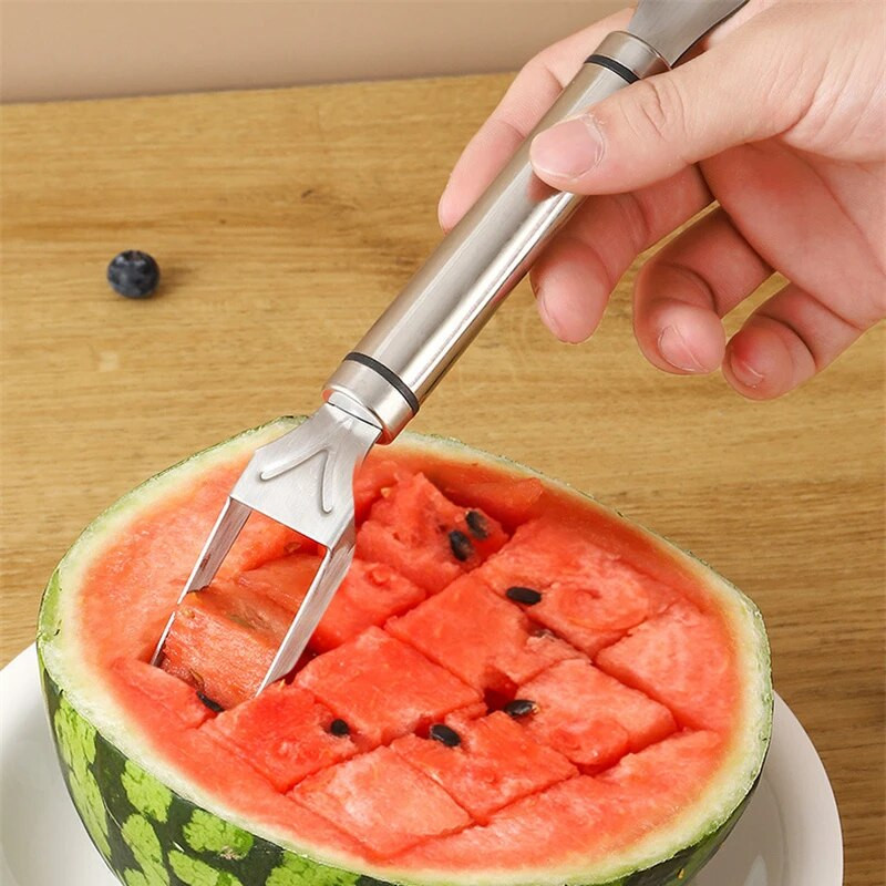 Nerūdijančio plieno dvigalvis arbūzų kauliukas Dviejų paskirčių melionų pjaustymo daugiafunkcis melionų skirstytuvas virtuvės vaisių įrankiai