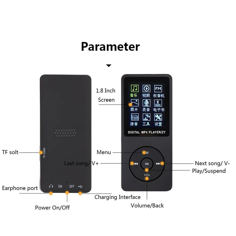 Φορητό Mp4 Player Οθόνη 1,8 ιντσών Fm Ραδιόφωνο Βιντεοπαιχνίδια Ταινία FM Stereo Radio Jpeg Λειτουργία περιήγησης φωτογραφιών Mp3 Players