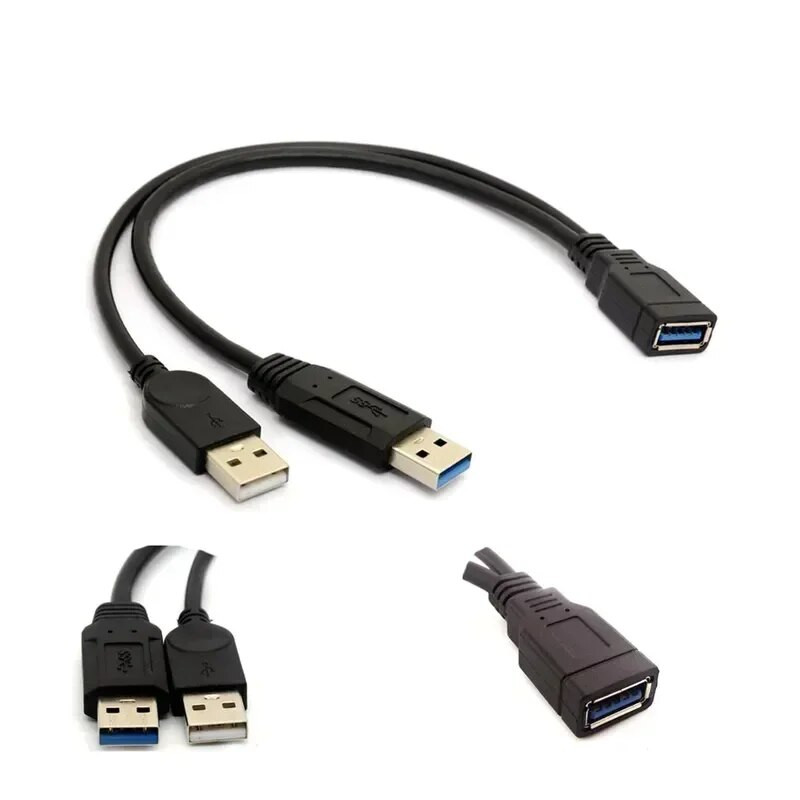 1 vnt. juodas USB 3.0 lizdas su dvigubu USB kištuku su papildomo maitinimo duomenų Y ilgintuvu, skirtas 2,5" mobiliojo kietojo disko kompiuterio aparatinės įrangos kabeliams