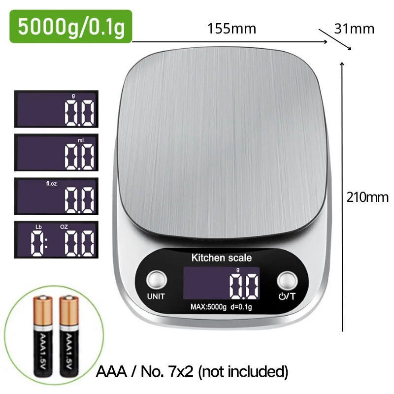 Buitinės virtuvės svarstyklės Elektroninės maisto svarstyklės kepimo svarstyklės matavimo įrankis nerūdijančio plieno platforma su LCD ekranu 5 kg / 0,1 g