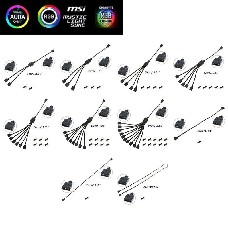 5 V 3 kontaktu datora mātesplates pagarinātāja kabelis RGB interfeisa savienotāja centrmezgla RGB sadalītāja kabelis datora šasijai augstas kvalitātes