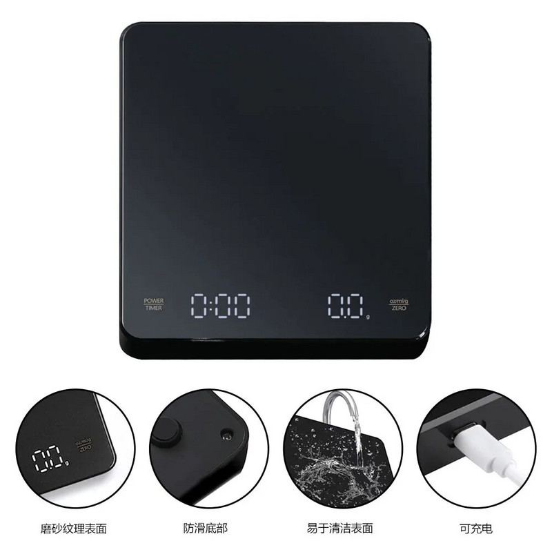 Mini kavos svarstyklės su laikmačiu espreso ir užpilkite kavos vandeniui atspariu paviršiumi, įkraunamos su automatinio laikmačio LED ekranu