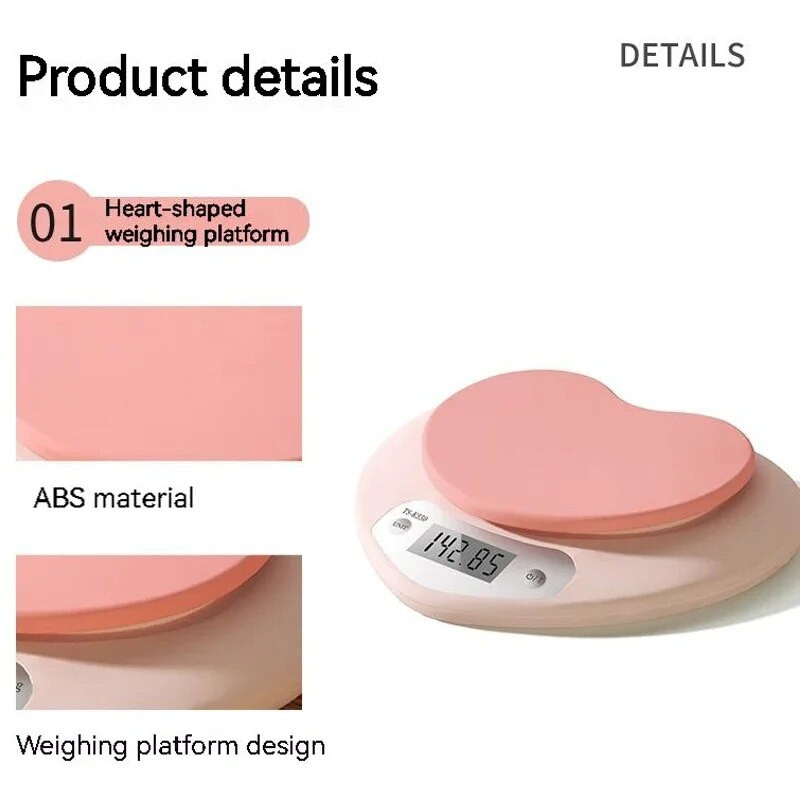 Elektroninės virtuvės svarstyklės 5 kg svorio gramai Skaitmeninės svarstyklės Tikslios rožinės spalvos Širdies formos LCD maistinės nešiojamos skaitmeninės svarstyklės