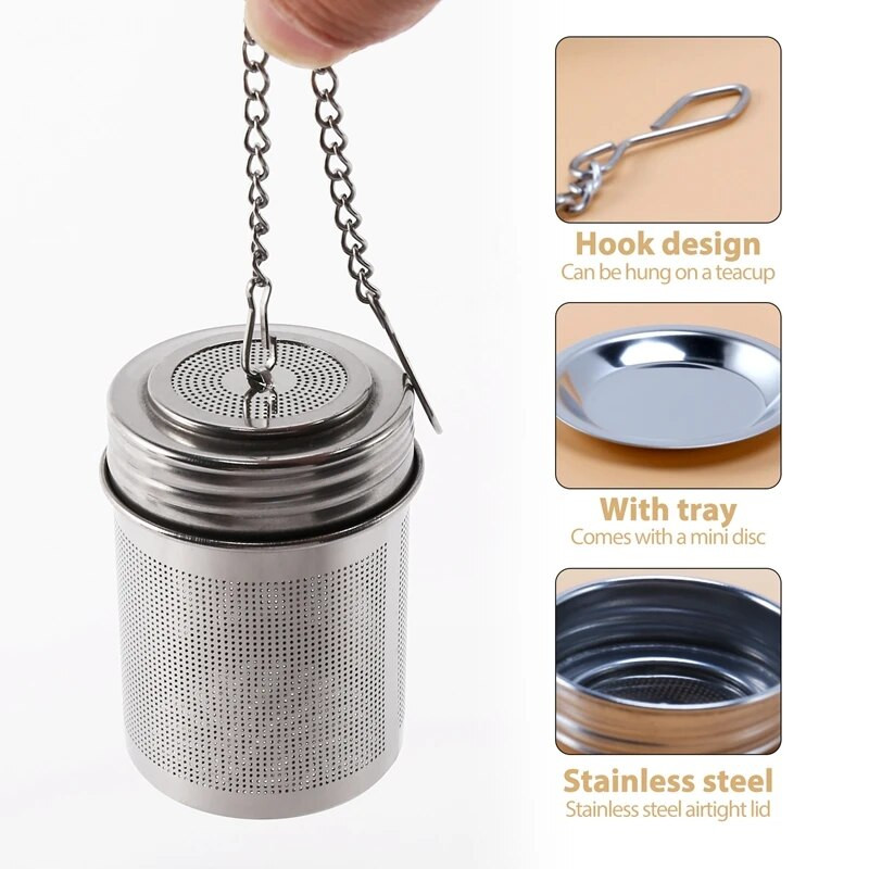 Arbatos kamuoliukų užpiltuvas – nerūdijančio plieno arbatos infuzijos biriai arbatai su kabliuku ir lėkšte – itin smulkaus tinklelio arbatos sietelis