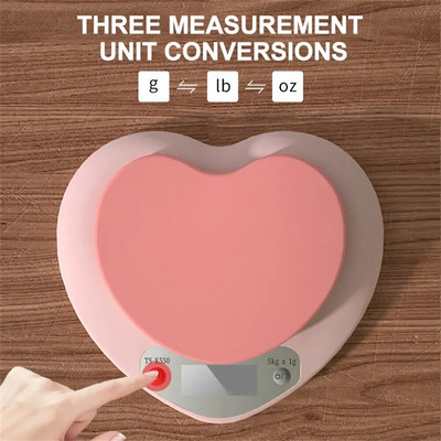 Elektronikus konyhai mérleg 5 kg súly gramm digitális mérleg Precíziós pontos rózsaszín szív alakú élelmiszer hordozható digitális mérleg
