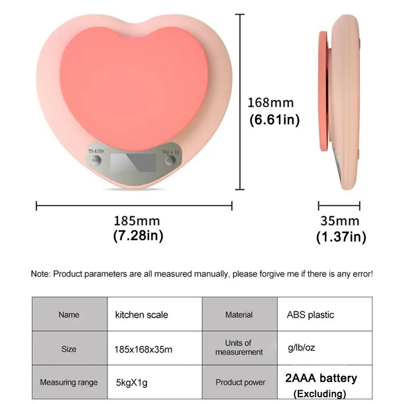 Elektroninės virtuvės svarstyklės 5 kg Svoris Gram Skaitmeninis svarstyklės Tikslios Tikslios Rožinės Širdelės formos Maisto Nešiojamos Skaitmeninės Svarstyklės