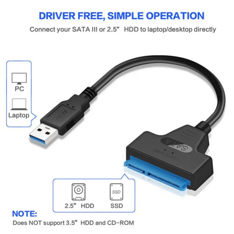 SATA prie USB 3.0 / 2.0 laidas iki 6 Gbps 2,5 colio išoriniam HDD SSD kietajam diskui SATA 3 22 kontaktų adapteris USB 3.0 į Sata III laidą